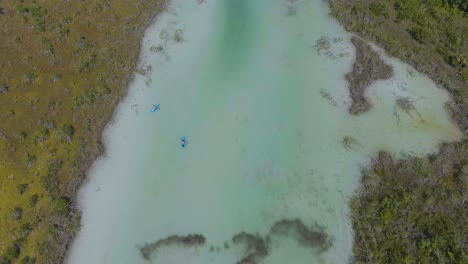 Kayakers-in-Beautiful-Mexico-River-with-Turquoise-Water---Aerial-Bird's-Eye