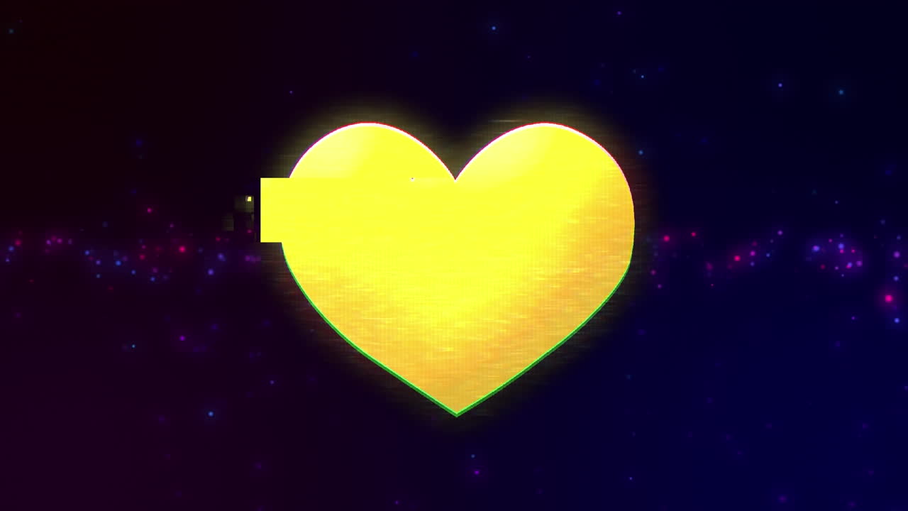 검은색 배경에 다채로운 빛의 반점과 노란색 심장의 애니메이션