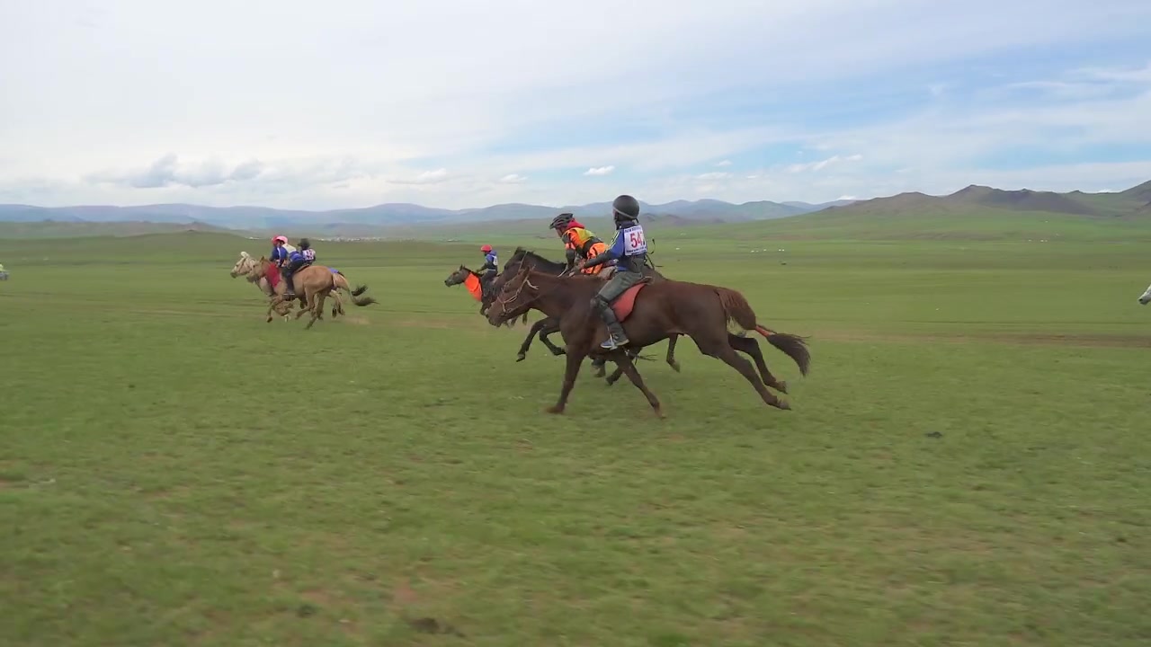 Gruppo di Fantini in Corsa a Cavallo Attraverso la Steppa Mongola Aperta