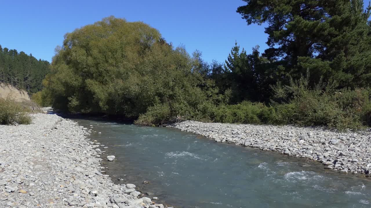 Upward tilt towards willow tree as braided river cuts through stones - Kowai River, Canterbury