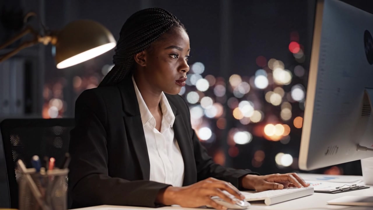 Focused Professional Working Late at Night in Office Surrounded by City Lights, Concentrating on Computer Screen and Engaged in Important Tasks.