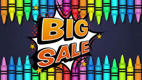 Animation-of-big-sale-text-over-multi-coloured-crayons