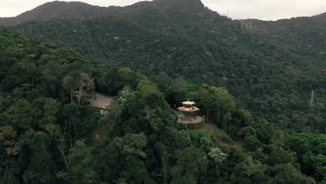 Aerial-View-Of-Chinese-Style-Hut-In-The-Tijuca-National-Park,-Rio-De-Janeiro