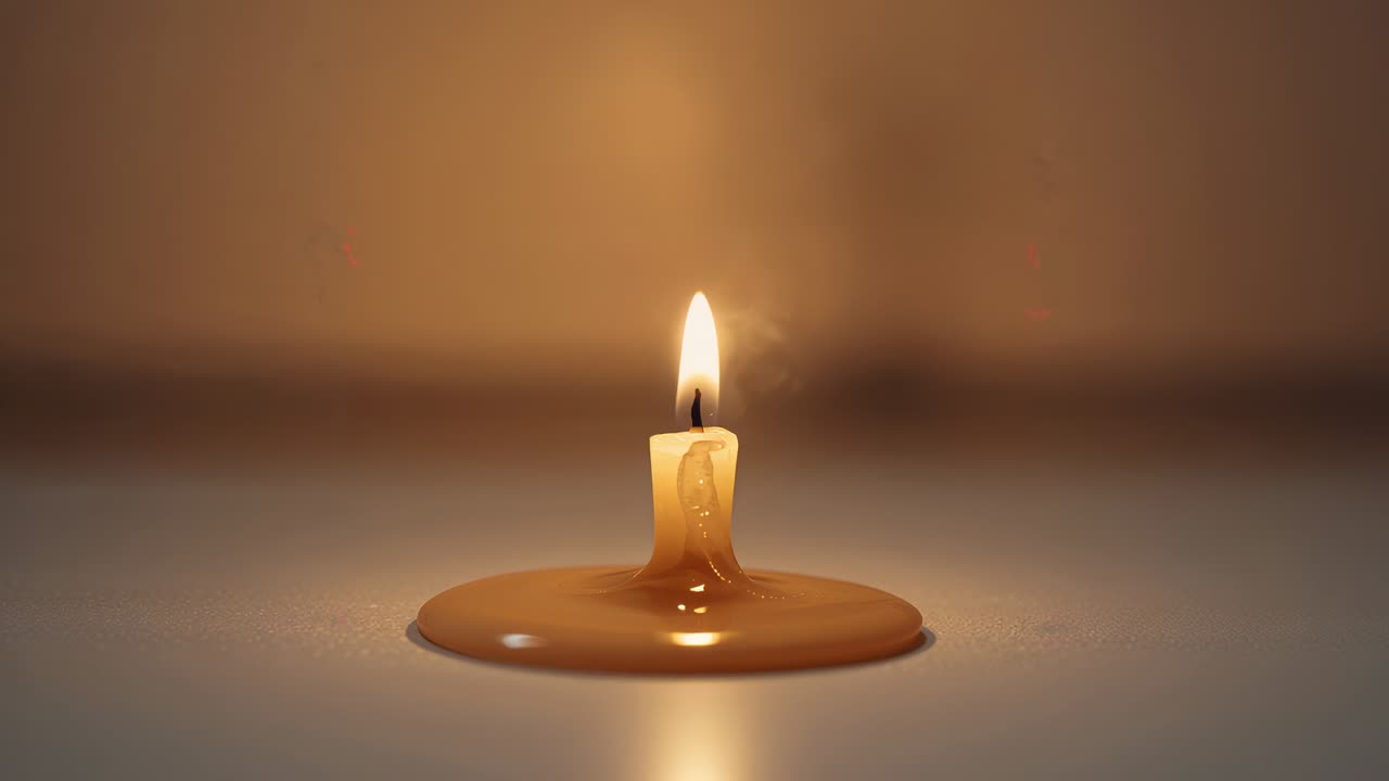 Igniting wick on single wax candle melting wax pool on tabletop, flickering flame smoldering wick