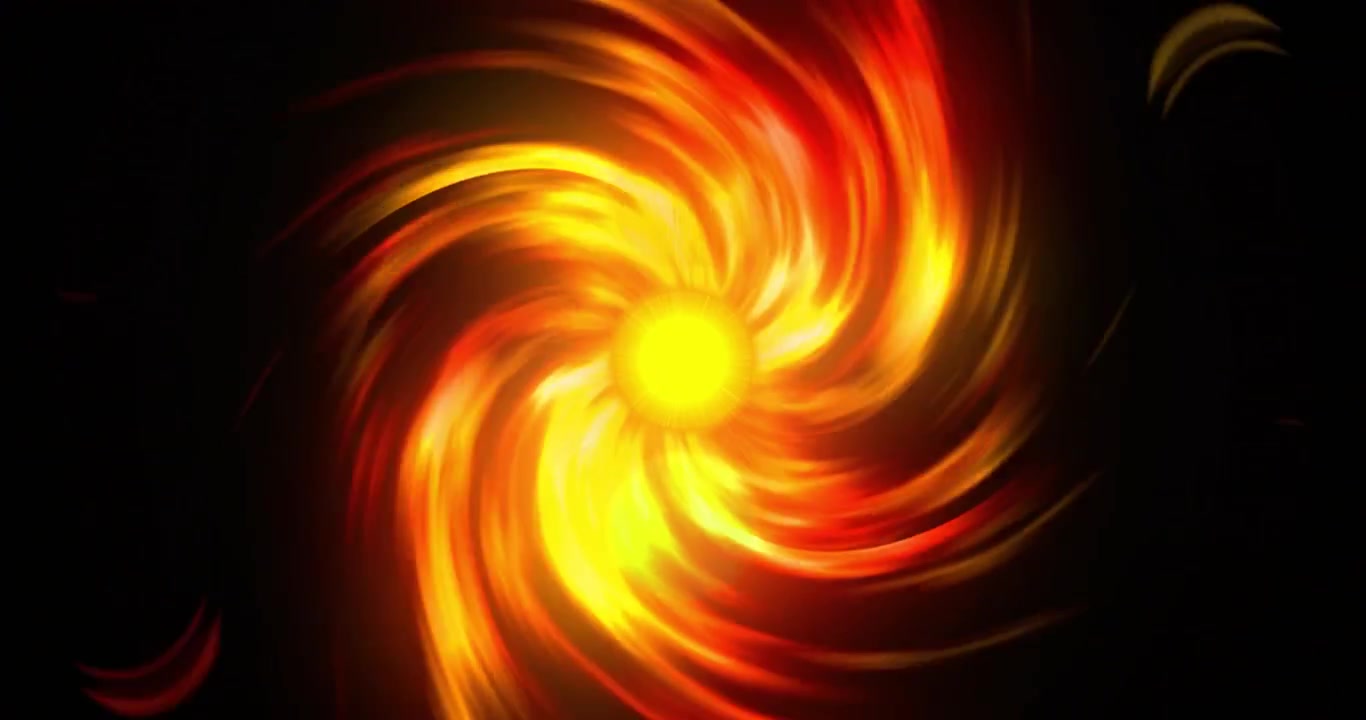 Black field opening cyan core brightening emitting spikes ribbons spiraling forming yellow sun orb
