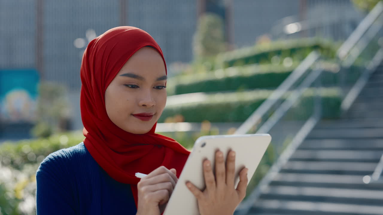 Young Muslim Woman in Hijab Using Tablet with Stylus Outdoors