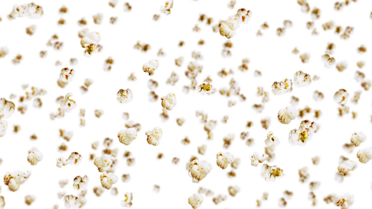 색 배경에 많은 팝콘을 날리는 색 소금 팝콘 건강한 음식 옥수수 씨 팝콘 회전의 3d 루프 애니메이션