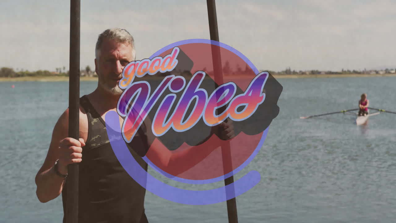 Senior man wearing life vest holding paddles in lake with animated good Vibes graphic for health
