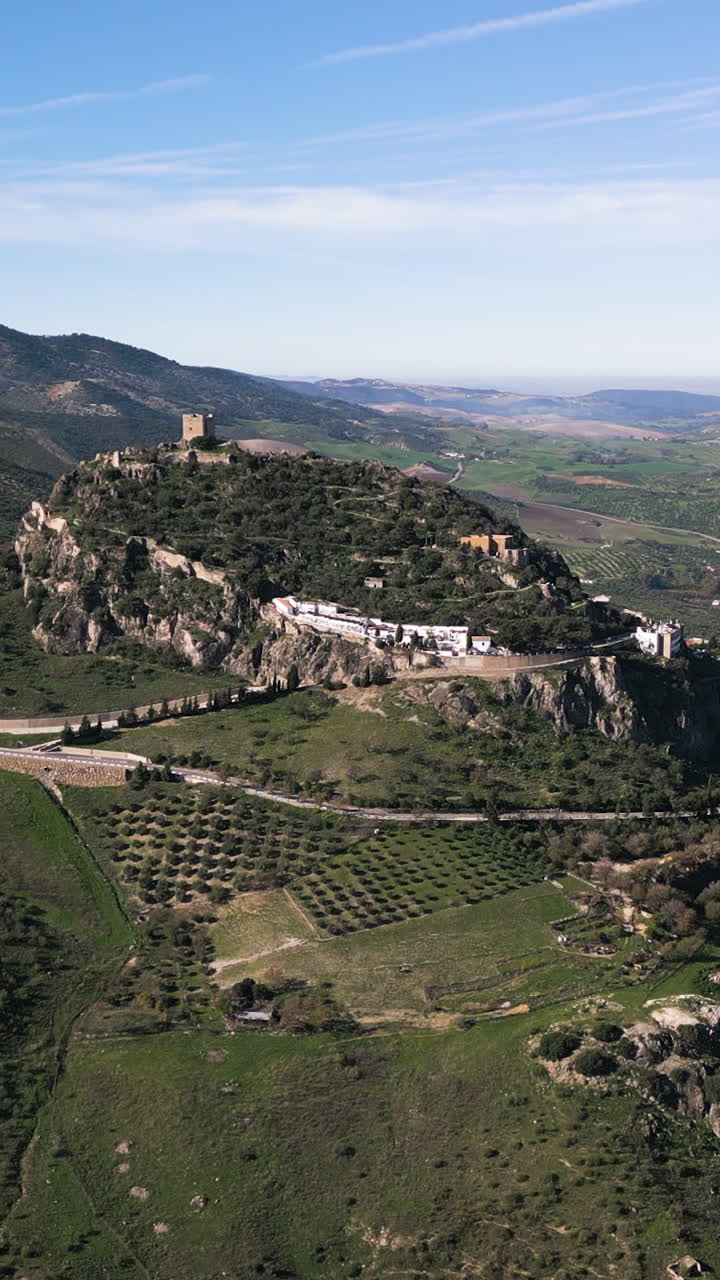 Drone Vertical of the Zahara de la Sierra Castle, historical fortress.