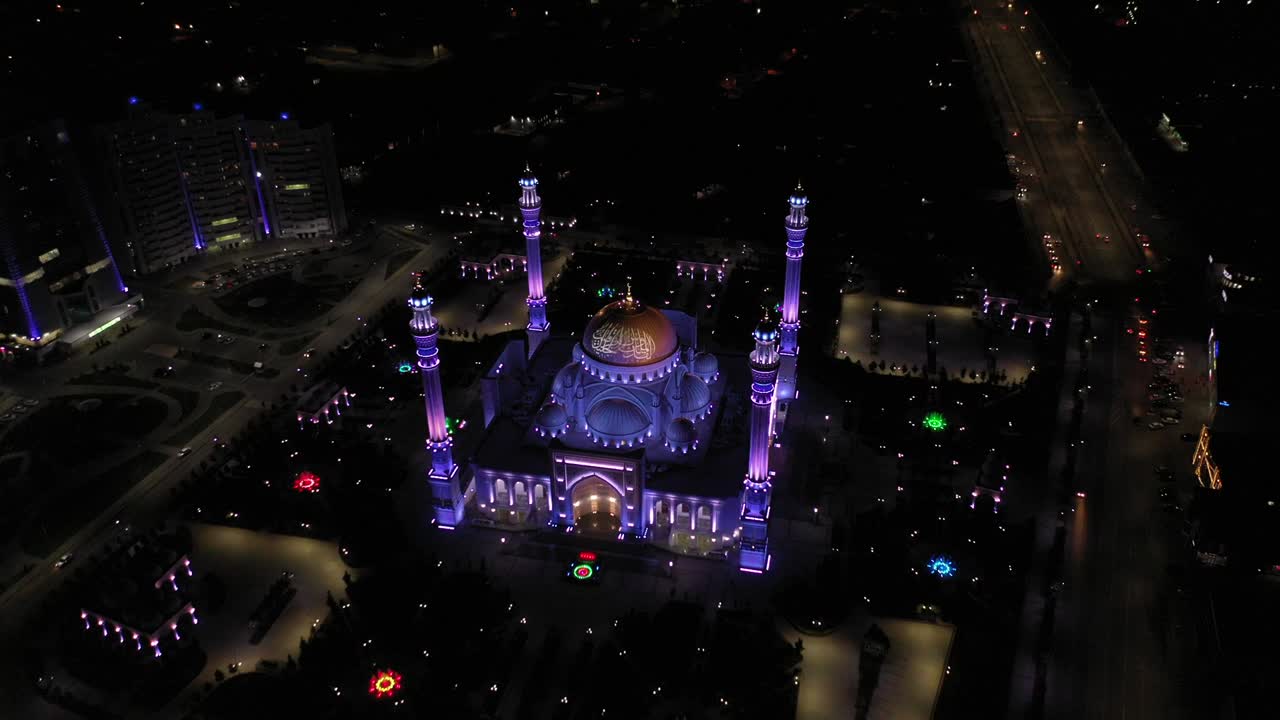 Mosque Pride of Muslims named after the prophet Muhammad in the city of Shali. The largest mosque in Europe. Aerial view