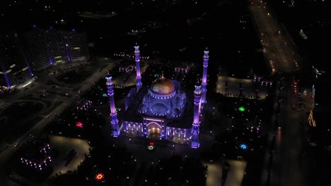 mosque pride of muslims named after the prophet muhammad in the city of shali. the largest mosque in europe. aerial view