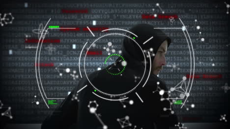 animación del escaneo del alcance y las moléculas sobre el hacker
