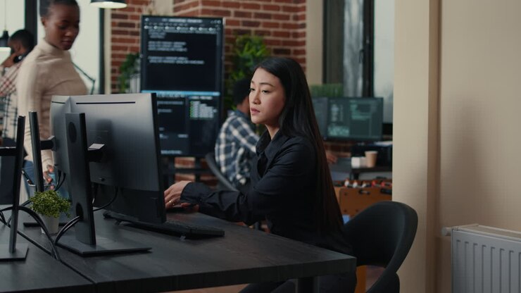 Programmierer mit Laptop mit Programmieroberfläche betritt das Büro einer Softwareentwicklungsagentur