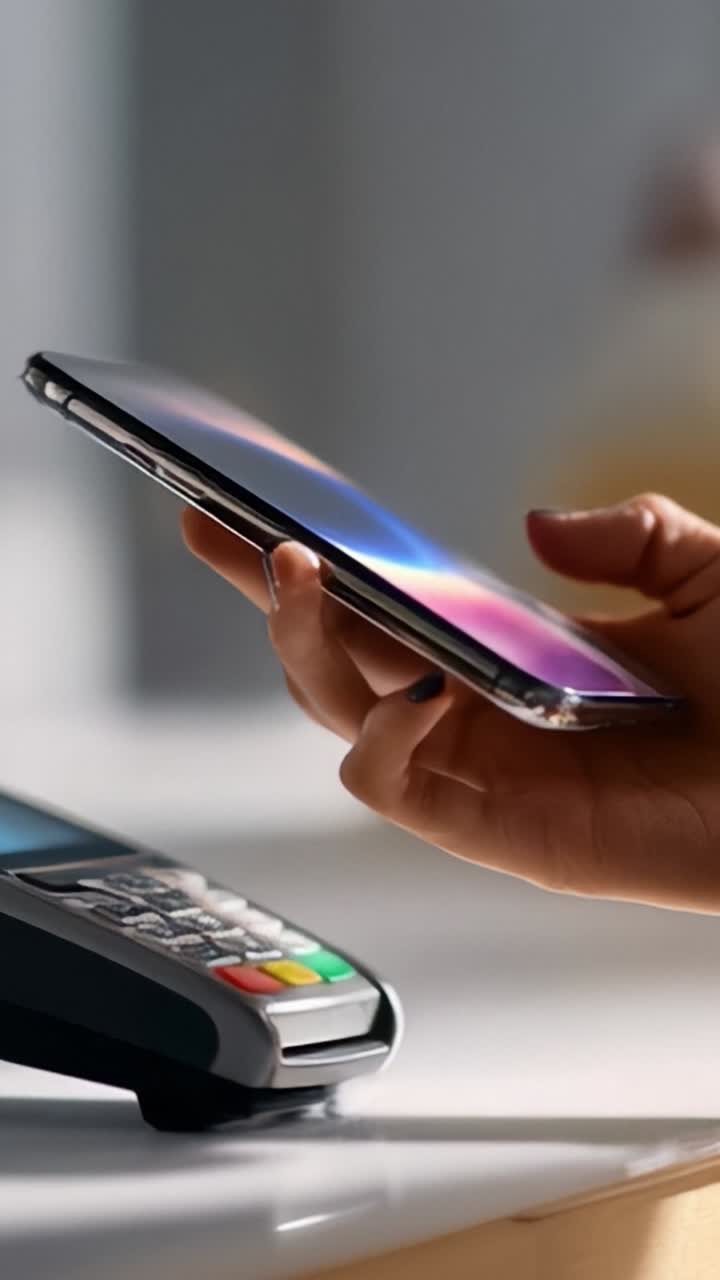 Processo di pagamento mobile semplificato: un utente impegnato in una transazione contactless con uno smartphone presso un terminale di pagamento, concentrato su soluzioni finanziarie digitali efficienti