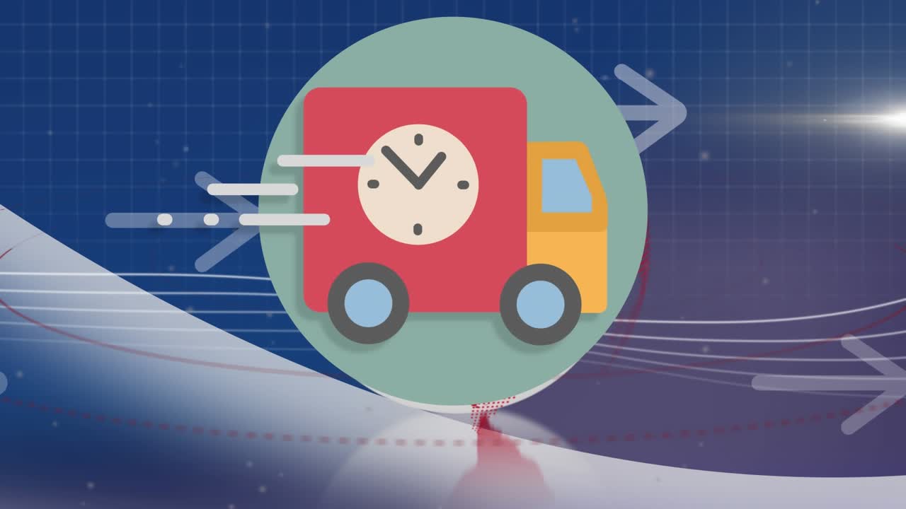 Animation von LKW-Symbolen über Pfeilen auf blauem Hintergrund.