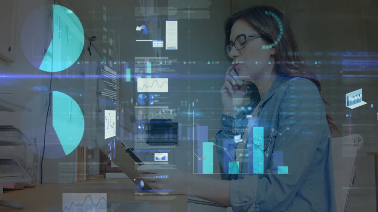 procesamiento de datos estadísticos contra una mujer con una tableta digital hablando en un teléfono inteligente