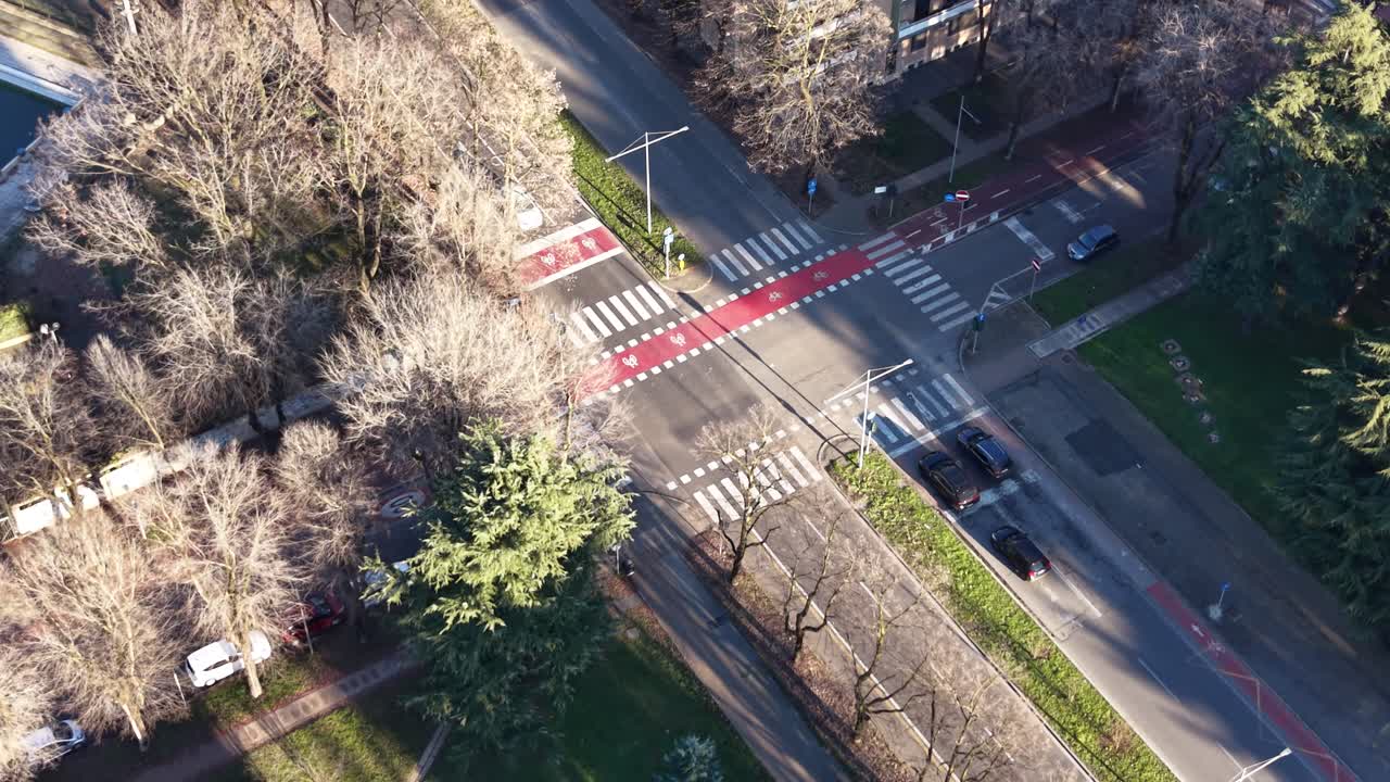 An intersection in a residential area, view from above