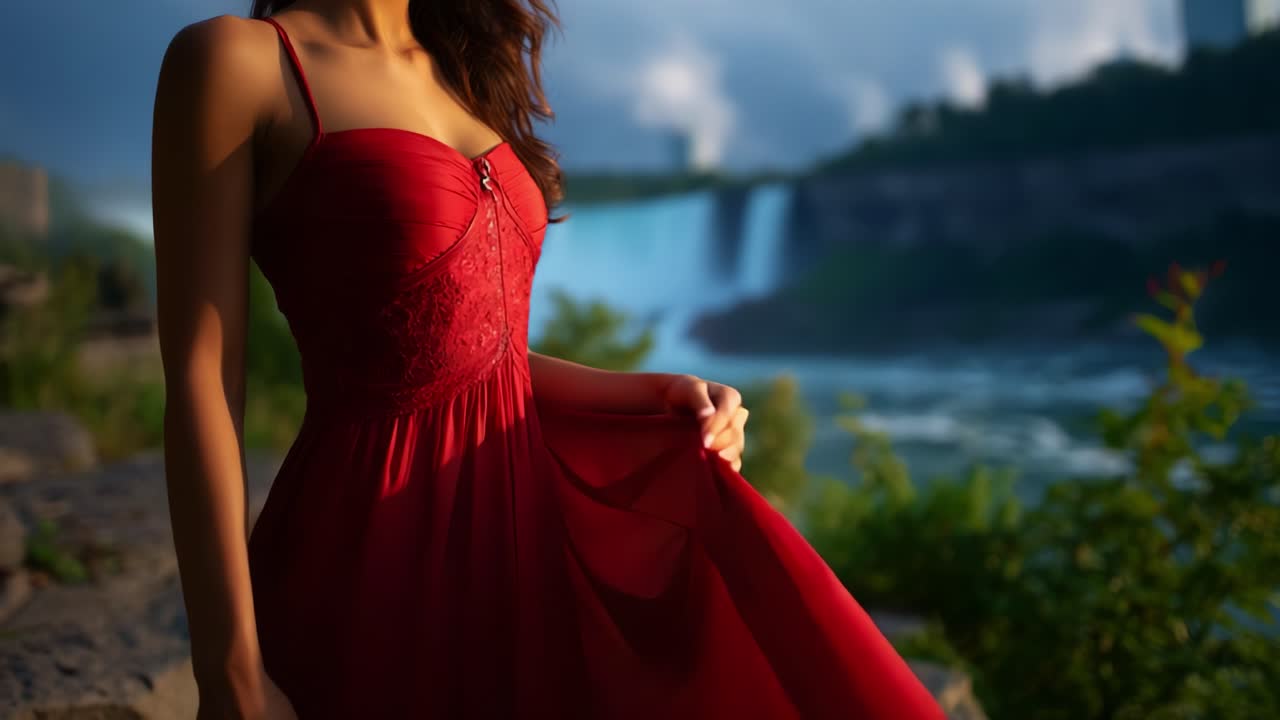 Una donna in uno splendido abito rosso si erge con grazia di fronte a una maestosa cascata, catturando l'essenza della bellezza e della natura in perfetta armonia