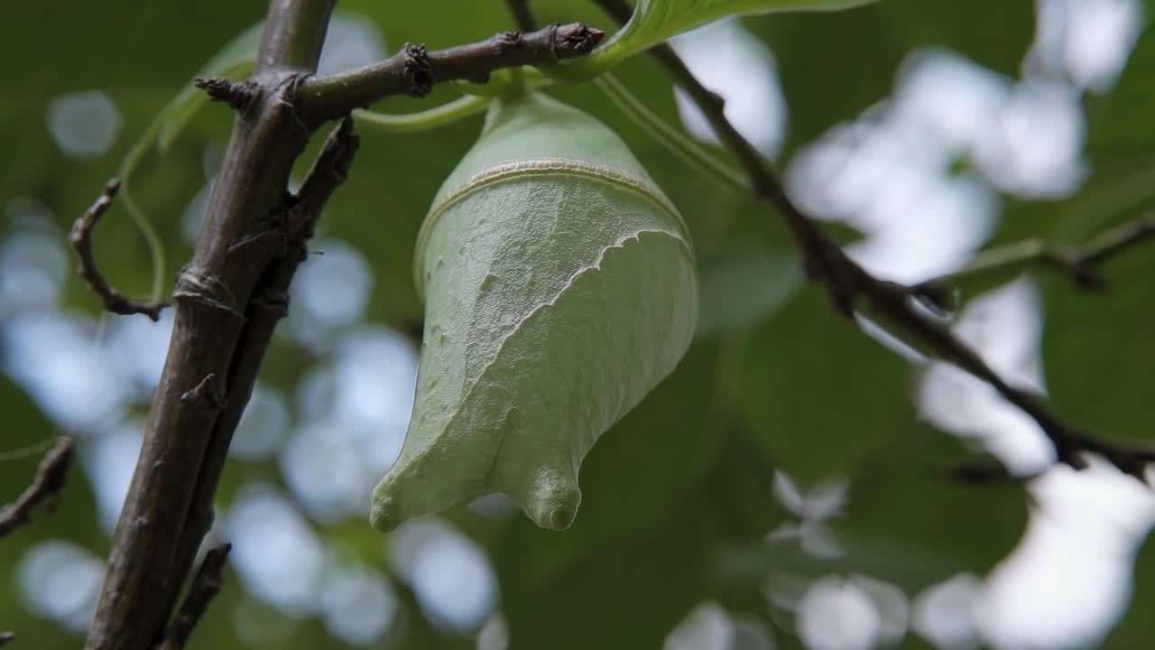 Vídeo en primer plano de una crisálida verde colgando de una rama, capturado desde un ángulo bajo