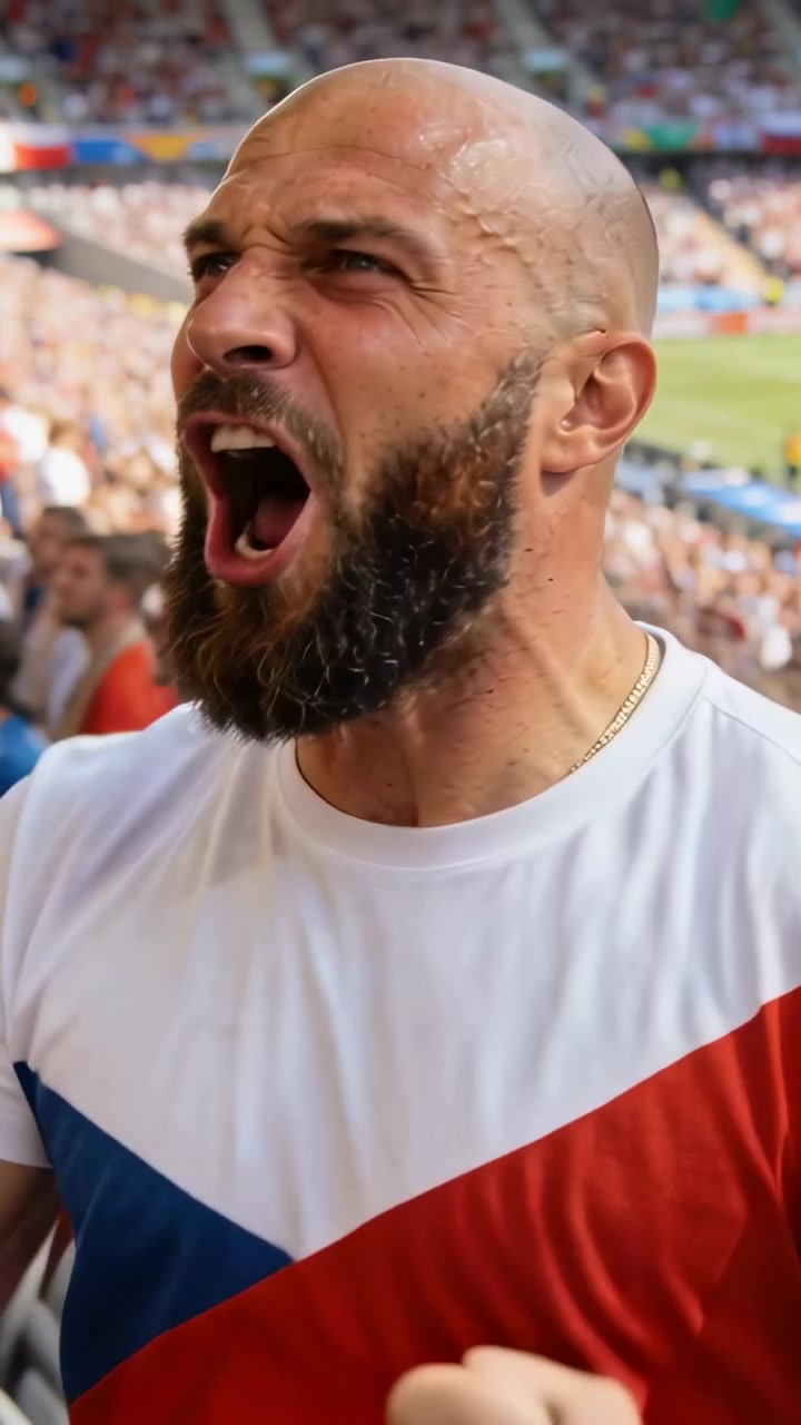 Video verticale: Tifoso urlante al culmine della partita, alza il pugno e si calma allo stadio, con maglietta rosso-blu.