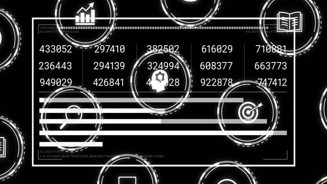 데이터 프로세싱 및 분석 - 다양한 아이콘과 숫자 데이터에 대한 애니메이션