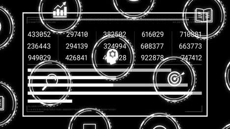 procesamiento de datos y animación analítica sobre varios iconos y datos numéricos