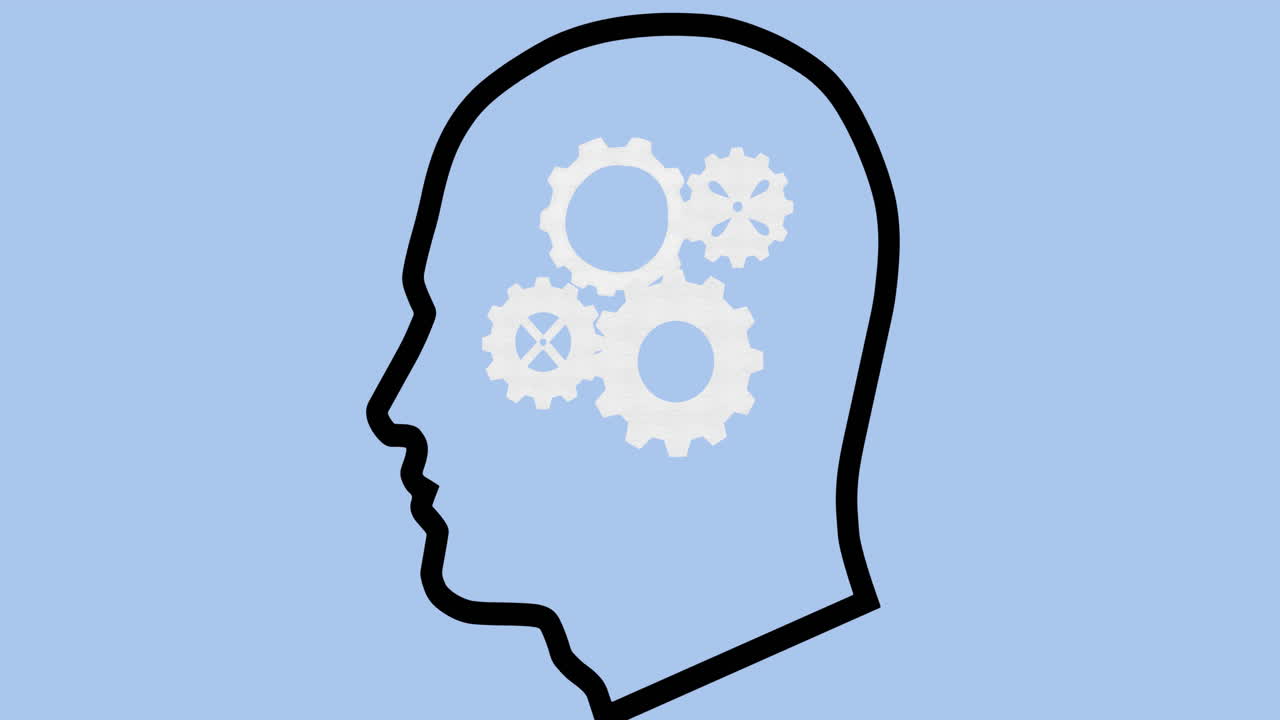 Animation of human head icon with cogs on blue background