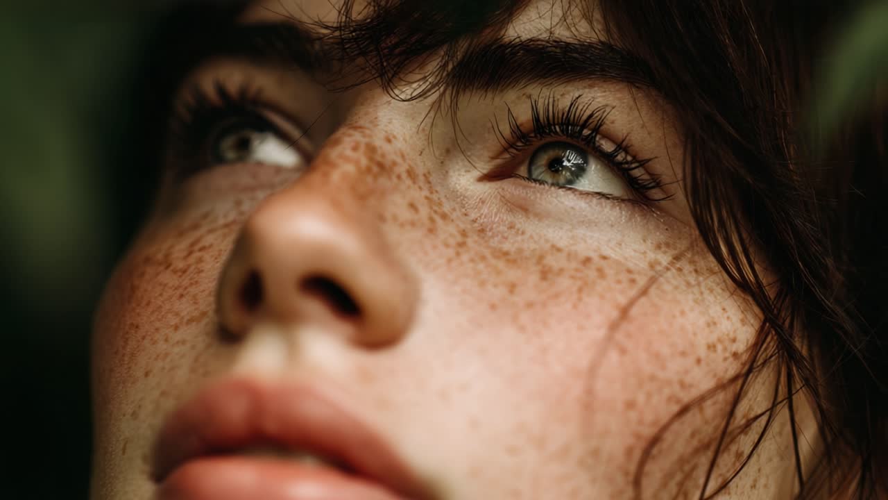 A Captivating Close-Up of a Young Woman's Freckled Face, Highlighting Her Expressive Eyes and Natural Beauty Amidst Lush Greenery