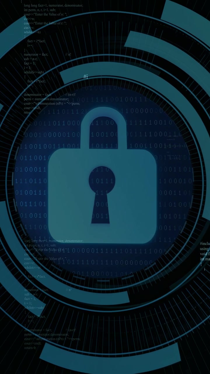 Vertical video: Blue padlock growing with HUD rings sweeping in, over C++ code for security