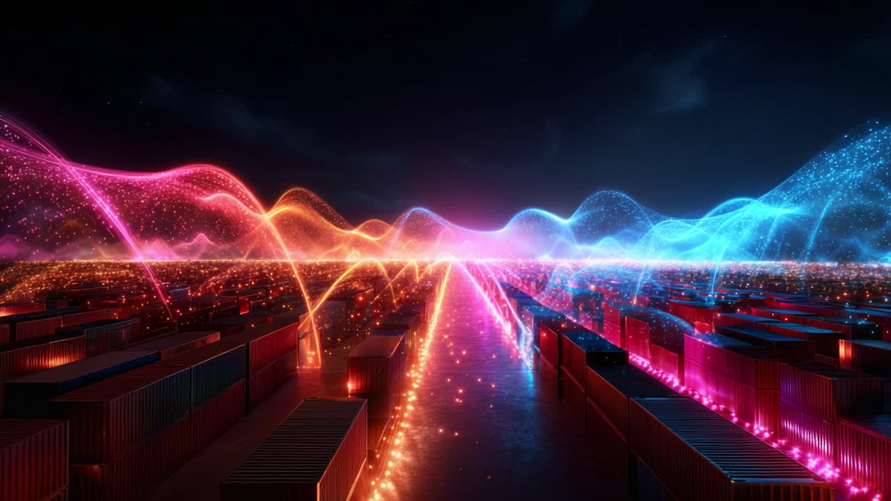 A Vibrant Digital Visualization of Cargo Containers Intertwined with Dynamic Waves of Colorful Lights, Creating a Stunning Display of Modern Technology and Logistics