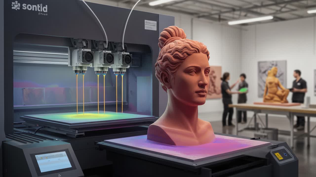 A Cutting-Edge 3D Printing Studio Showcasing Advanced Technology and Innovative Techniques in Sculpture Creation and Art Production with Focus on Intricate Details