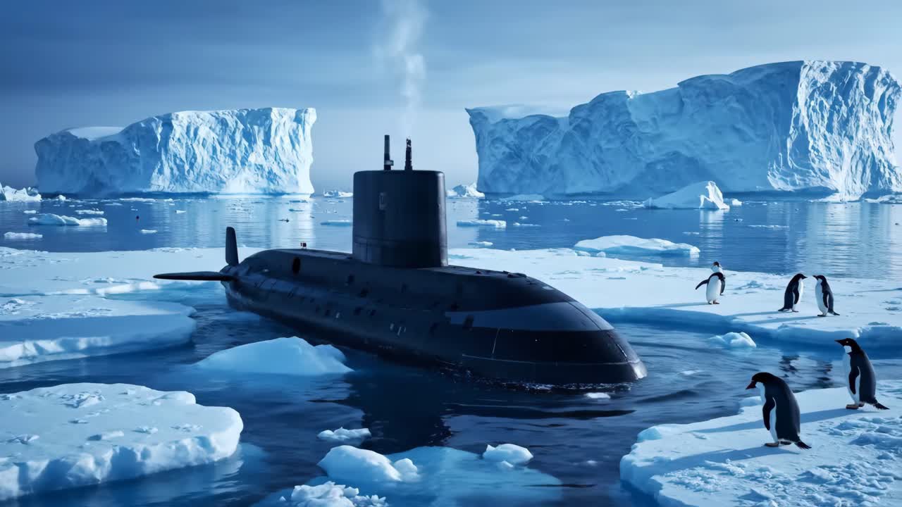 Submarine in Arctic waters with penguins