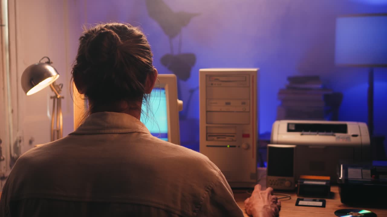 Man working and gaming on retro computer PC, IT engineer with vintage computer at home, using old fashion technology, close up of retro setup.