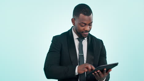 business man, video call and wave for tablet