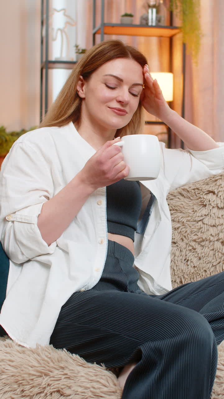 Happy woman drinking tea at home in the morning calm expression peaceful and relaxing moment