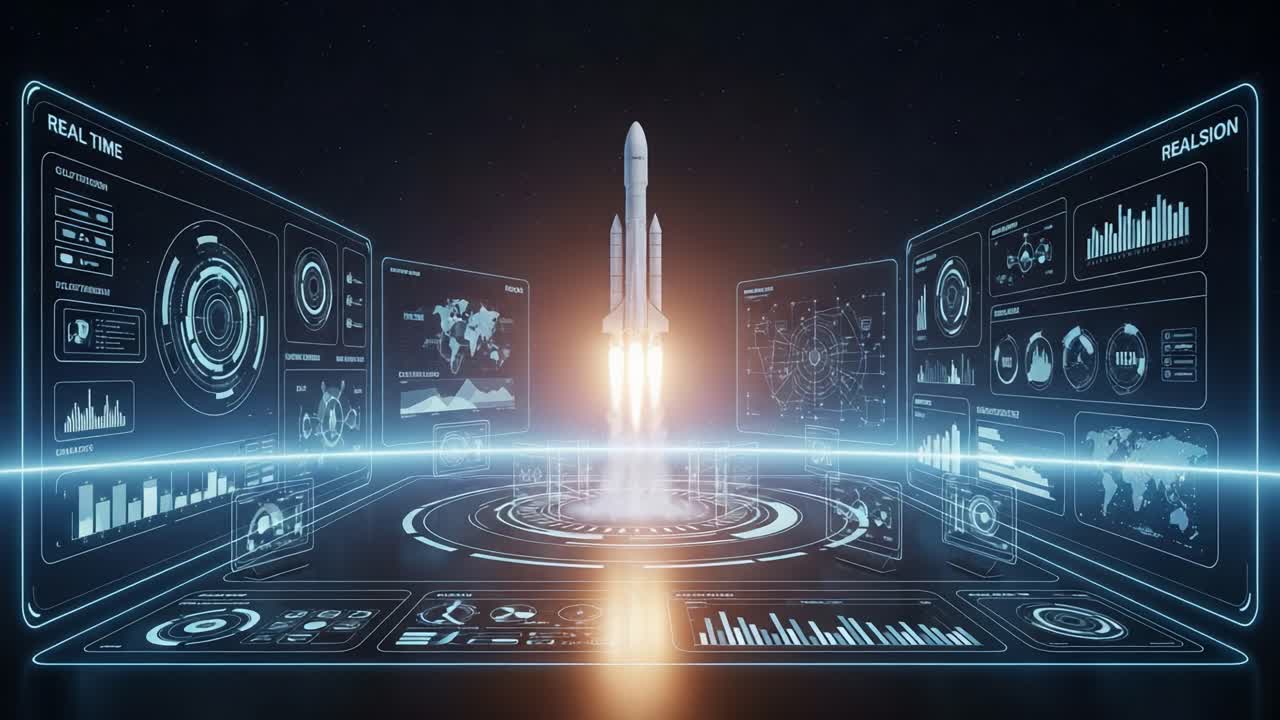 Futuristic Rocket Launch Animation with High-Tech Data Visualizations and Interfaces Showcasing Live Monitoring and Real-Time Analysis of Space Exploration Missions