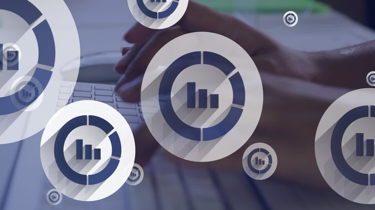 Animation of icons and data processing over biracial woman typing