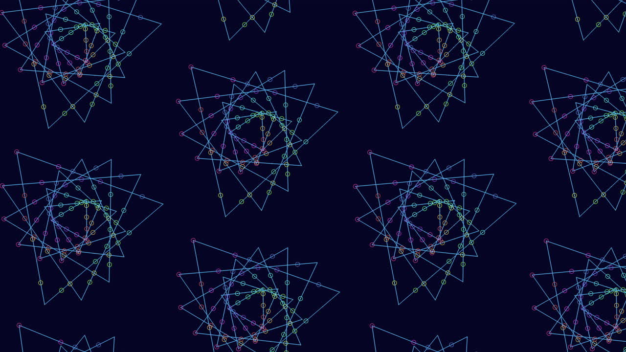 暗い背景の点を色とりどりの幾何学的なパターンで接続する