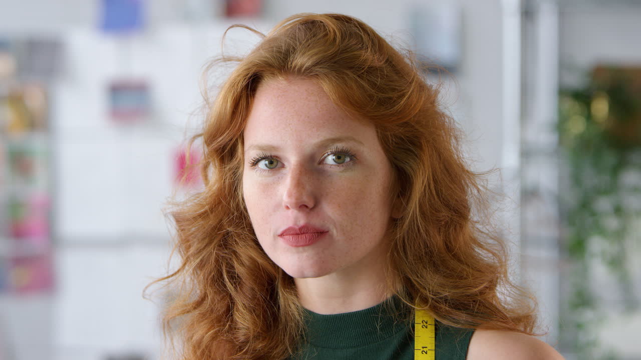 портрет студентки или владельца бизнеса с измерительной лентой, работающего в моде, сидящего на столе