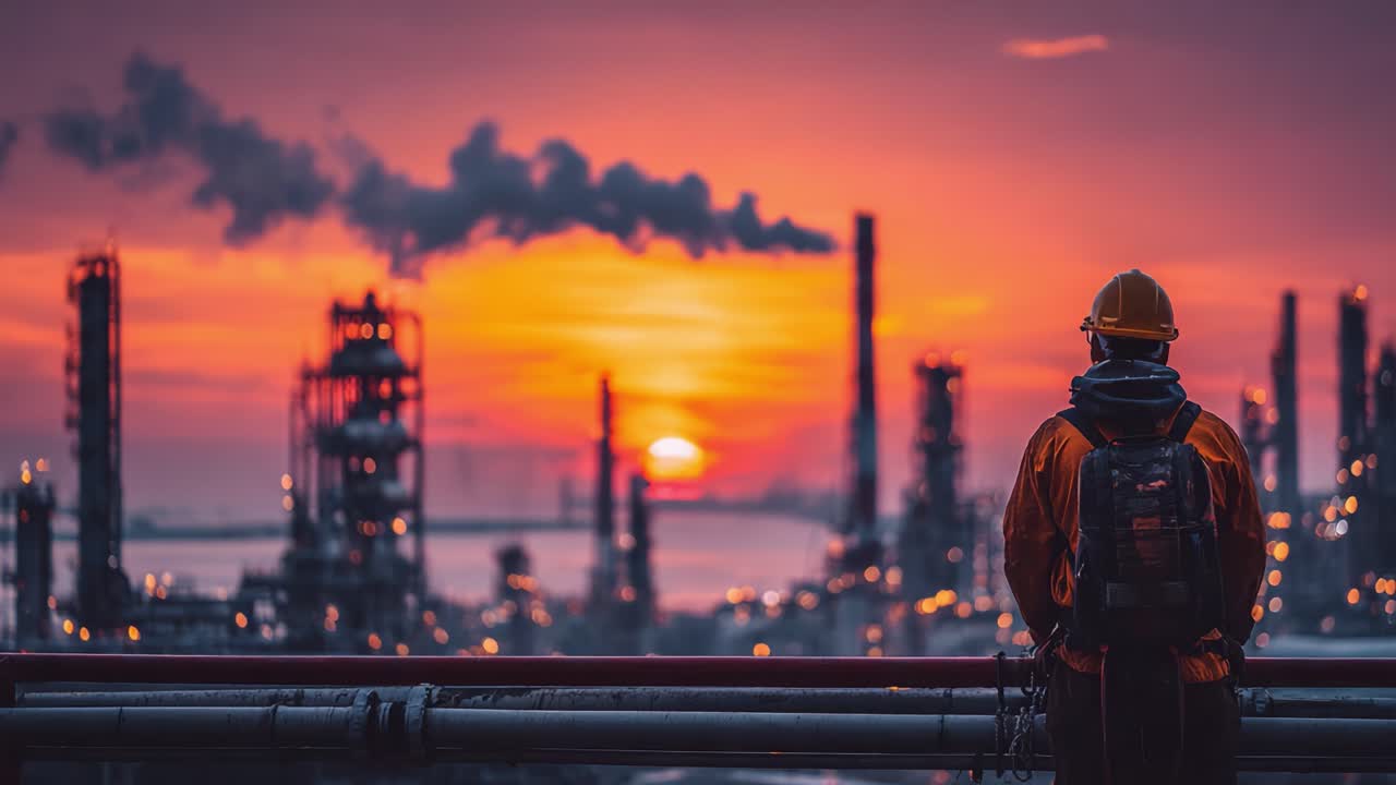 A Worker Overlooks the Industrial Skyline at Sunset, Highlighting the Contrast Between Nature's Beauty and Industrial Development in a Vibrant Landscape