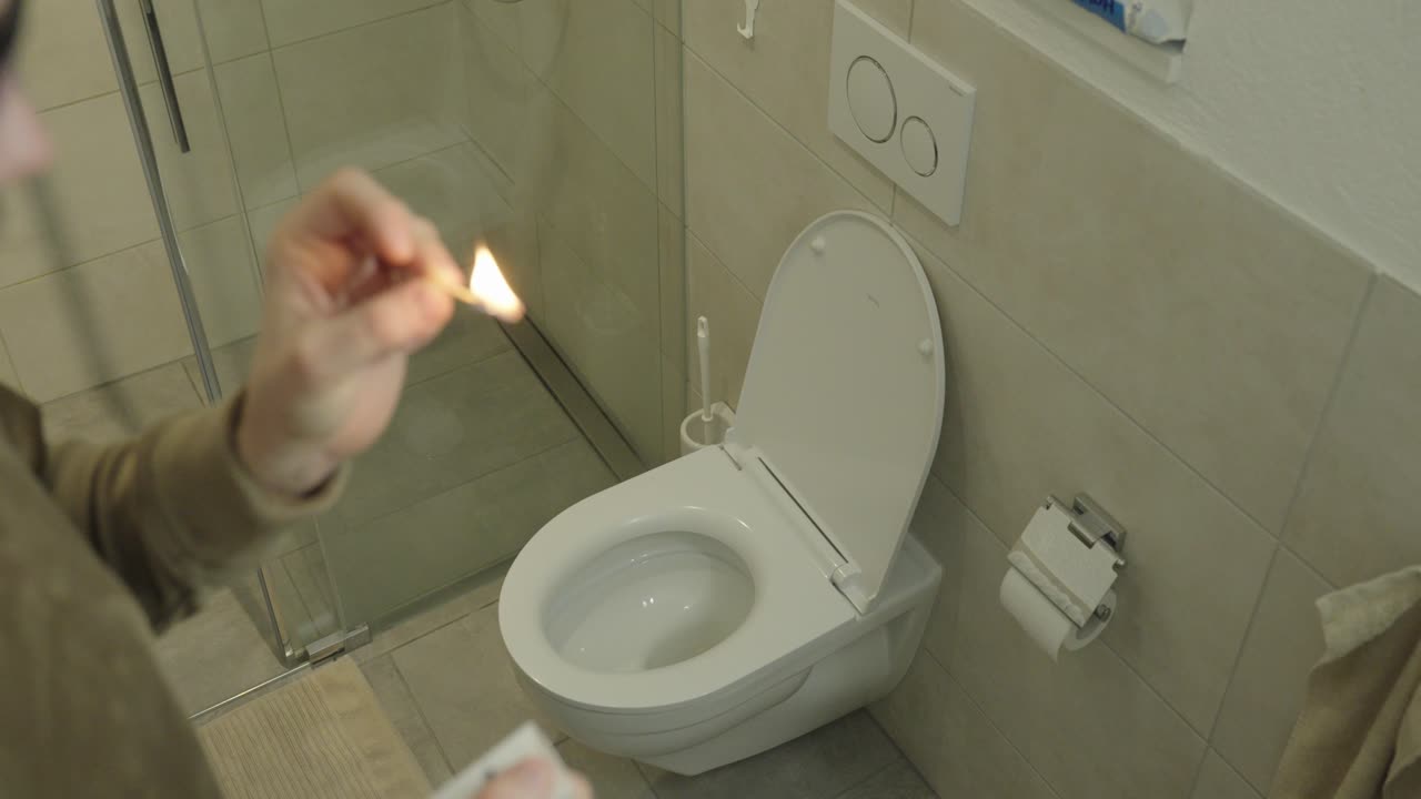 Realistic scene of a person lighting a match in a bathroom near a toilet to mask unpleasant odor, symbolizing everyday hygiene habits and improvised odor control