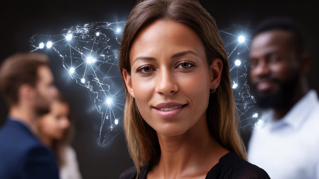 This visually striking image captures a confident woman standing in the foreground, embodying professionalism and modern communication while a network of interconnected individuals forms a backdrop of connectivity and community