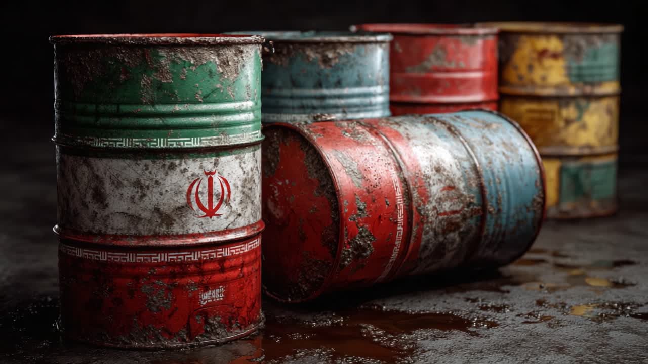 Rustne industritromler stablet med flerfarvede lag og snavs, der viser miljømæssigt forfald og ældede materialer i mørke omgivelser.
