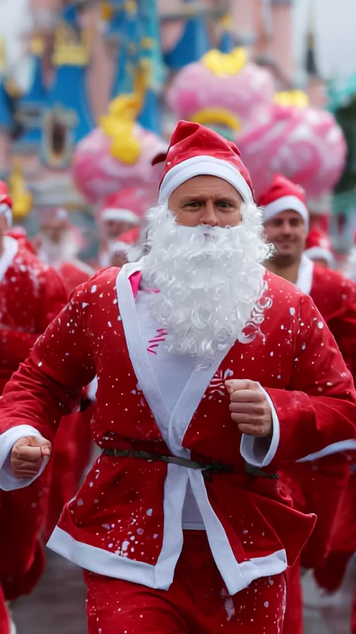 A Festive Celebration of Joy and Cheer with Group of Santas Running Together Through a Colorful Background, Bringing Holiday Spirit Alive in a Vibrant Scene Full of Laughter and Excitement