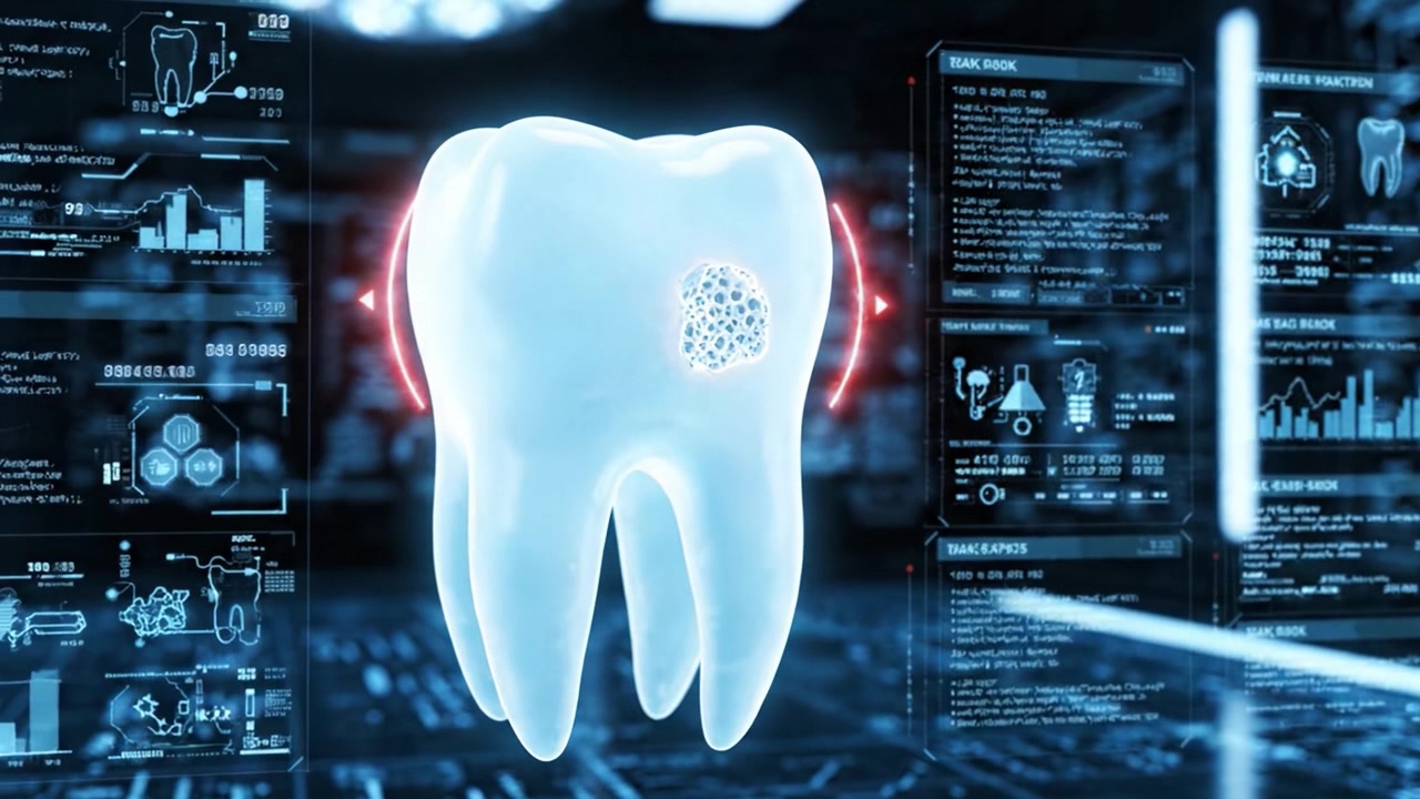A Stunningly Detailed Visualization of a Tooth with Futuristic Background Elements, Highlighting the Interplay of Technology and Dental Health in a High-Tech Environment