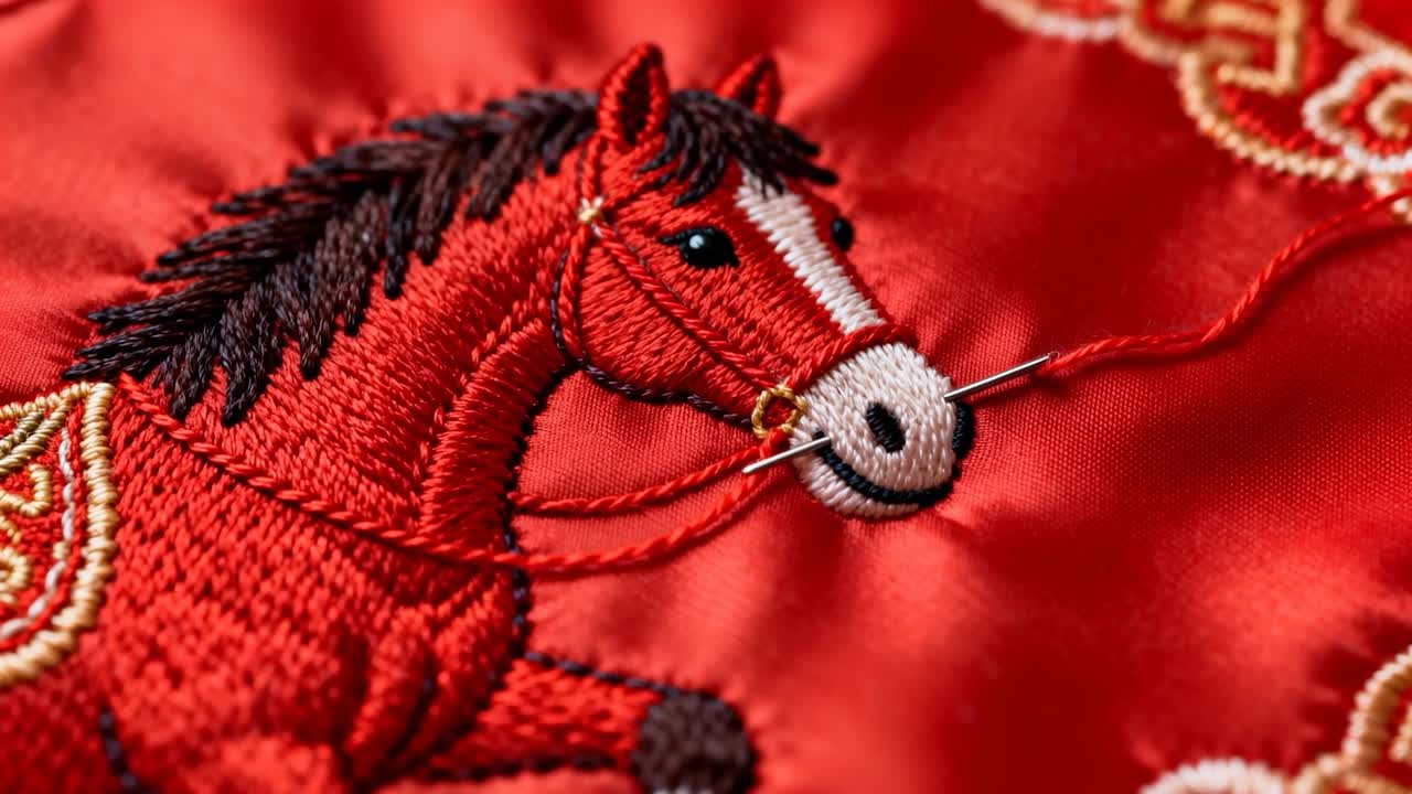 Tirare l’ago di metallo e il filo rosso dopo l’inserimento nel muso del cavallo ricamato, fissando il punto