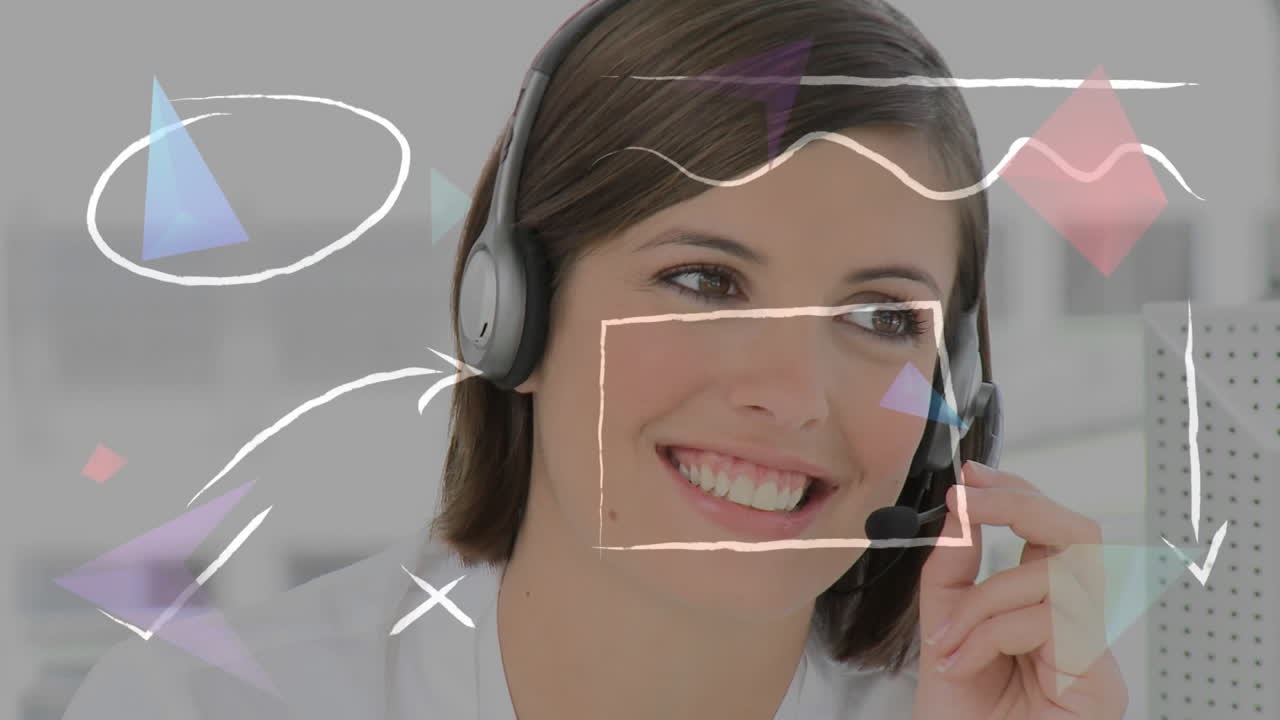 animación de líneas y flechas coloridas sobre una mujer de negocios usando auriculares de teléfono