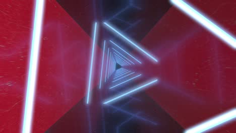 abstract flight in a futuristic corridor with triangles, seamless loop of 4k background, fluorescent uv light, colorful laser neon lines, geometric endless tunnel, white-red spectrum, 3d rendering.