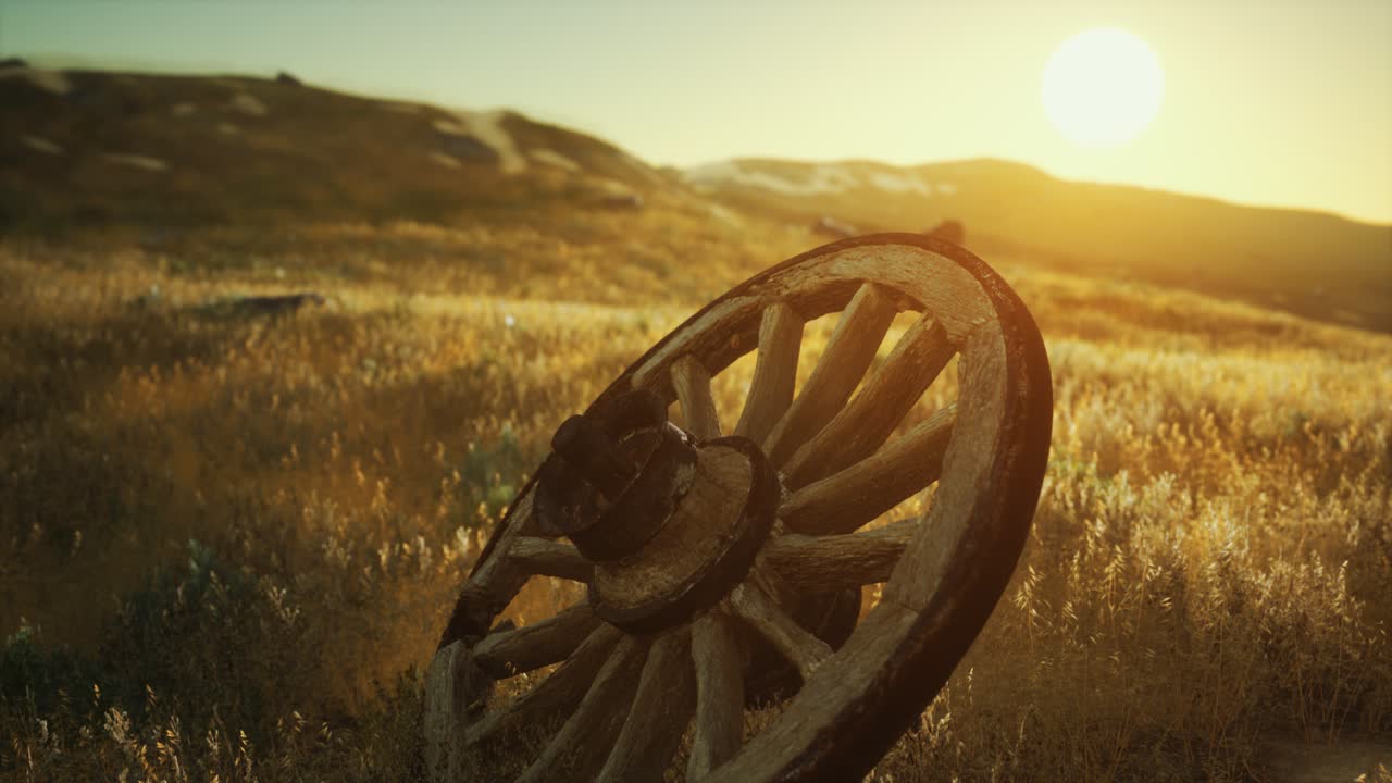 Old wooden wheel on the hill at sunset