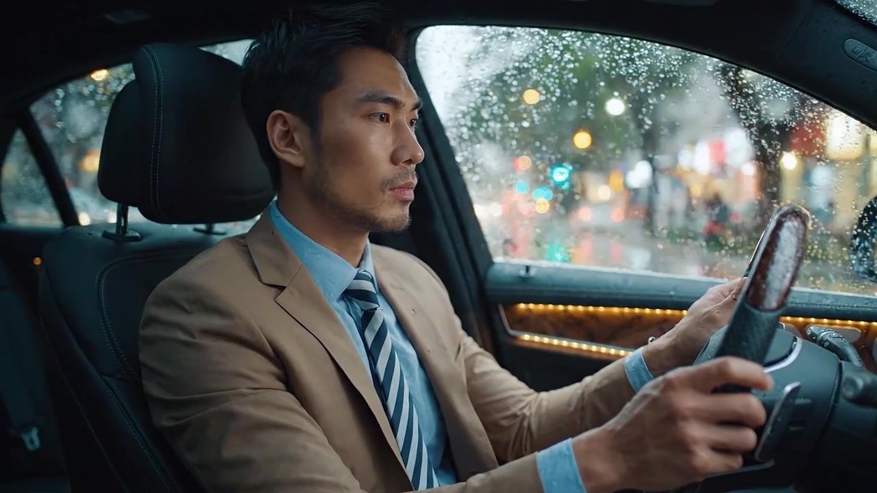 Um Motorista Focado em um Carro de Luxo Navegando por Ruas Chuvosas da Cidade com Displays Aprimorados no Painel de Instrumentos, Capturando a Essência da Viagem Urbana Moderna